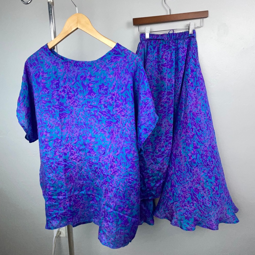 Vtg Zashi Skirt Set Women Small Purple 100% Silk 2 Pc Maxi Abstract Artsy Boho